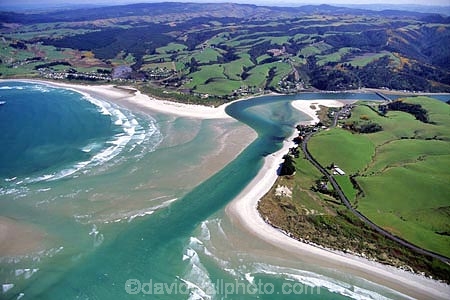 river;rivers;rivermouth;river-mouth;river-mouths;coastal;coastline;beach;beaches;surf;sand;farmland;aerials;Otago