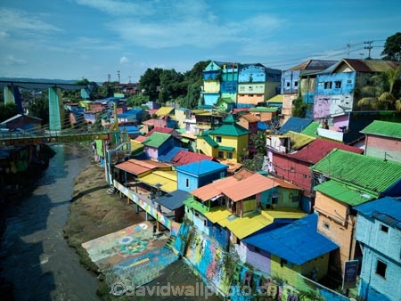 Indonesia;aerial;aerial-photo;aerial-photograph;aerial-photographs;aerial-photography;aerial-photos;aerial-view;aerial-views;aerials;drone-aerial;drone;Malang;Java;East-Java;Indonesia;Brantas-River;Roof;roofs;rooves;Kampung-Warna-Warni;Kampung;Warna-Warni;Kampung-Warna_Warni;Warna_Warni;bridge;bridges;pedestrian-bridge;pedestrian-bridges;tourism;travel;Asia;South-East-Asia;Southeast-Asia