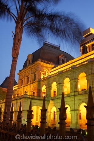 architecture;australasia;Australia;australian;Brisbane;building;buildings;dark;dusk;floodlighting;floodlit;grand;heritage;Historic;Historic-Parliament-House,-Bris;historical;illuminate;illuminated;night;night-time;old;palm;palms;Parliament-House;Queensland;twilight