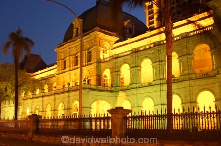 architecture;australasia;Australia;australian;Brisbane;building;buildings;dark;dusk;floodlighting;floodlit;grand;heritage;Historic;Historic-Parliament-House,-Bris;historical;illuminate;illuminated;night;night-time;old;palm;palms;Parliament-House;Queensland;twilight