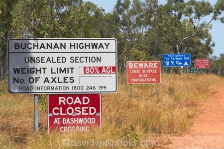 Australasia;Australia;Buchanan-Highway;Buchanan-Highway-sign;Buchanan-Highway-signs;countryside;gravel-road;gravel-roads;metal-road;metal-roads;metalled-road;metalled-roads;N.T.;Northern-Territory;NT;raod-closed;road;road-sign;road-signs;roads;rural;sign;signs;Top-End;Victoria-Highway