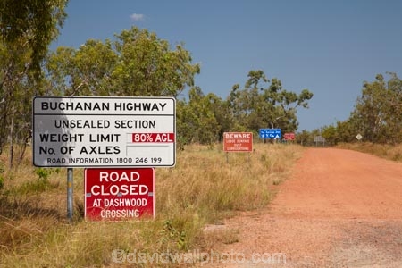 Australasia;Australia;Australian;Australian-Outback;back-country;backcountry;backwoods;Buchanan-Highway;Buchanan-Highway-sign;Buchanan-Highway-signs;country;countryside;geographic;geography;gravel-road;gravel-roads;metal-road;metal-roads;metalled-road;metalled-roads;N.T.;Northern-Territory;NT;Outback;raod-closed;remote;remoteness;road;road-sign;road-signs;roads;rural;sign;signs;Top-End;Victoria-Highway;wilderness