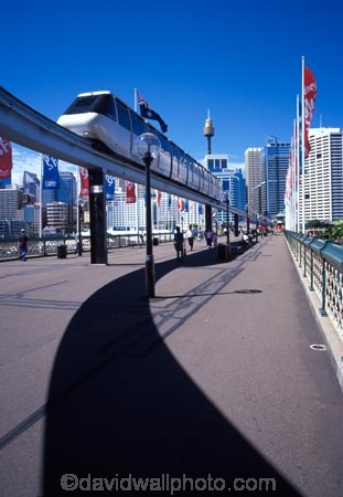 mono;rail;flag;flags;pedestrian;tourist;tourists;tourism;train;trains;commuter;commute;modern;bridges;harbor;harbours;harbors;future;futuristic;Monorail;Pyrmont;Bridge;Darling;Harbour;Sydney;Australia