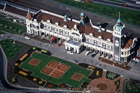 aerials;architecture;architect;Gingerbread-George;George-A-Troup;New-Zealand-Railways;Flemish-Renaissance-style;basalt;limestone;red-marseille-tiles;tower;towers;clock;Dunedins-moto-secundo-curo;i-prosper-and-am-cautious;floor-panels;mosaic-tiles;historic;historical;history