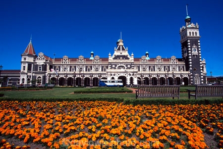architecture;architect;Gingerbread-George;George-A-Troup;New-Zealand-Railways;Flemish-Renaissance-style;basalt;limestone;red-marseille-tiles;tower;towers;clock;Dunedins-moto-secundo-curo;Dunedins-motto;secundo-curo;motto;i-prosper-and-am-cautious;floor-panels;mosaic-tiles;historic;historical;history