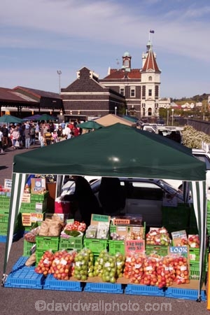 Dunedin;Otago;farmer;farmers;market;Railway-Station;people;crowd;crowded;gathering;stall;stalls;colour;food;produce;apple;apples;red;green;blue