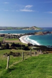 Karitane;Otago;coast;water;wave;waves;ocean;sea;beach;beaches;rural;town;settlement;curve;grass;green;tree;trees;fence;blue;sky;summer;sunny