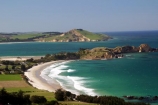 Karitane;Otago;coast;beach;beaches;water;wave;waves;ocean;sea;rural;town;settlement;curve;grass;green;tree;trees;blue;sky;summer;sunny