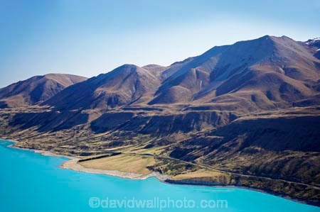 aerial;aerial-photo;aerial-photography;aerial-photos;aerials;aqua;Ben-Ohau-Range;blue;Canterbury;lake;Lake-Pukaki;lakes;Mackenzie-Country;Mt-Cook;N.Z.;New-Zealand;NZ;Road;shoreline;shorelines;South-Canterbury;South-Island;teal;turquoise;water