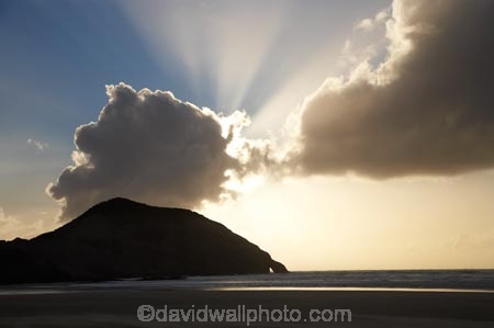 beach;beaches;coast;coastal;coastline;dusk;evening;finger-of-god;N.Z.;Nelson-Region;New-Zealand;nightfall;North-West-Nelson-Region;NZ;Pilch-Point;ray-of-light;S.I.;sand;sandy;shore;shoreline;SI;sky;South-Is.;South-Island;sunset;sunsets;Tasman-Sea;twilight;Wharariki-Beach